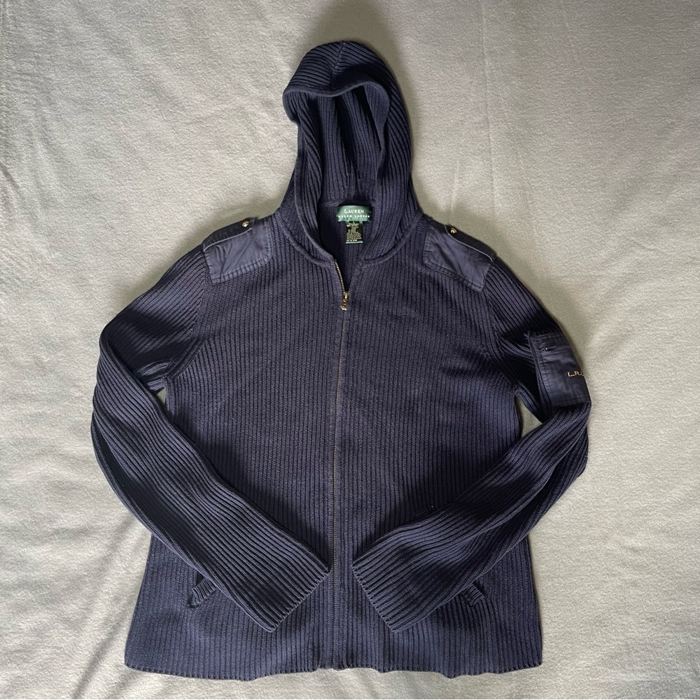 LAUREN Ralph Lauren Navy Blue Full Zip Hoodie Sweater Military Style L Cardigan